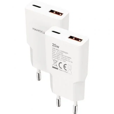Nanocable Cargador de Pared 25W con USB-C PD y USB-A QC - Blanco Nanocable Cargador de Pared 25W con USB-C PD y USB-A QC - Blanco